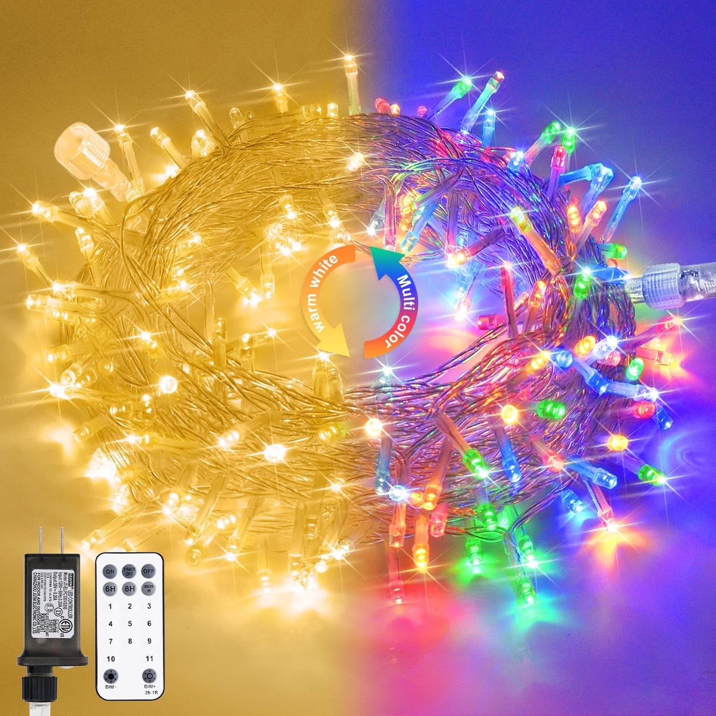 JMEXSUSS 33ft 100 LED Color Changing String Lights Plug in, Warm White & Multicolor Christmas Tree