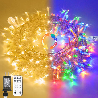 JMEXSUSS 33ft 100 LED Color Changing String Lights Plug in, Warm White & Multicolor Christmas Tree