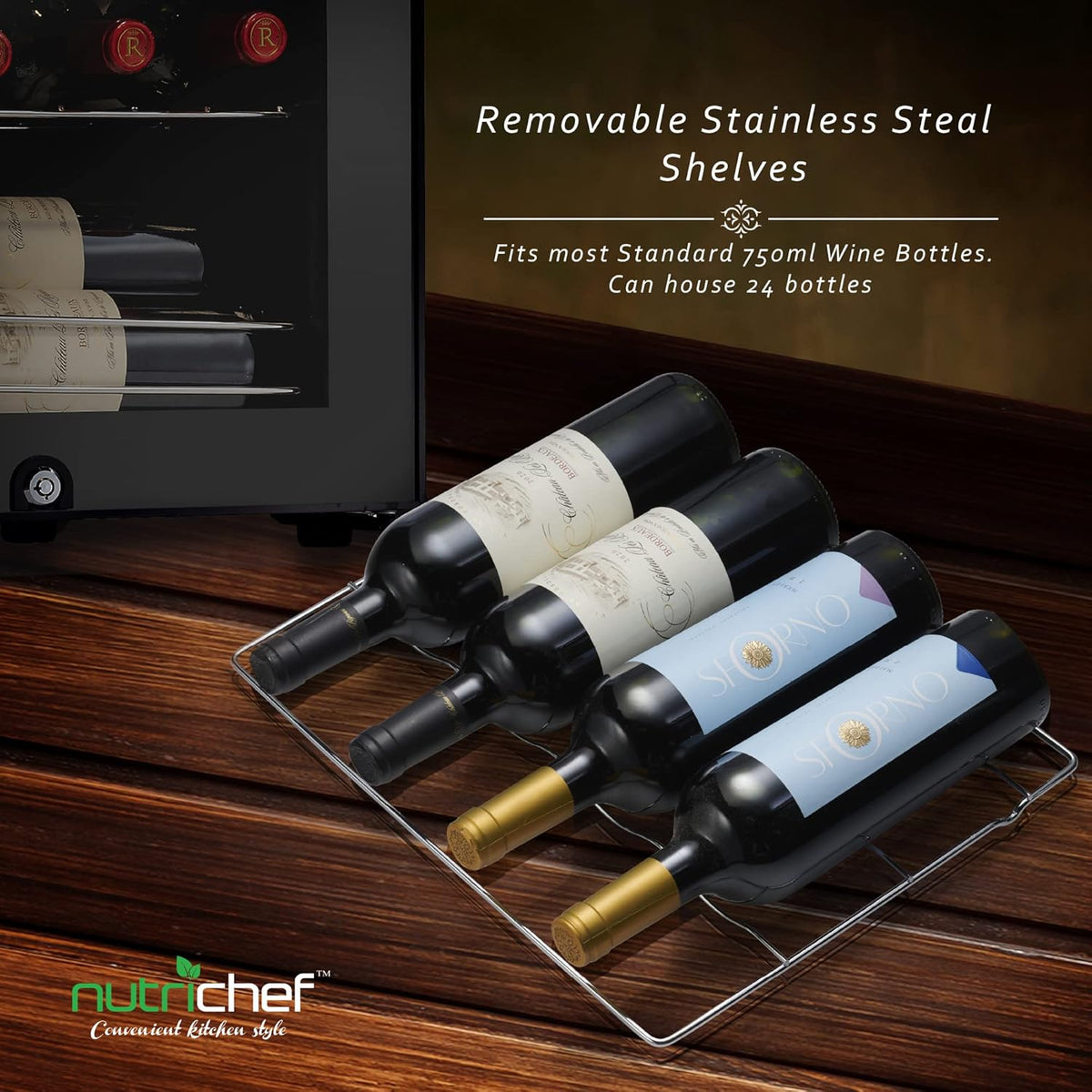 Nutrichef 24 Bottle Wine Fridge | Single Zone Wine Chiller | Adjustable Temperature Control 41°F to