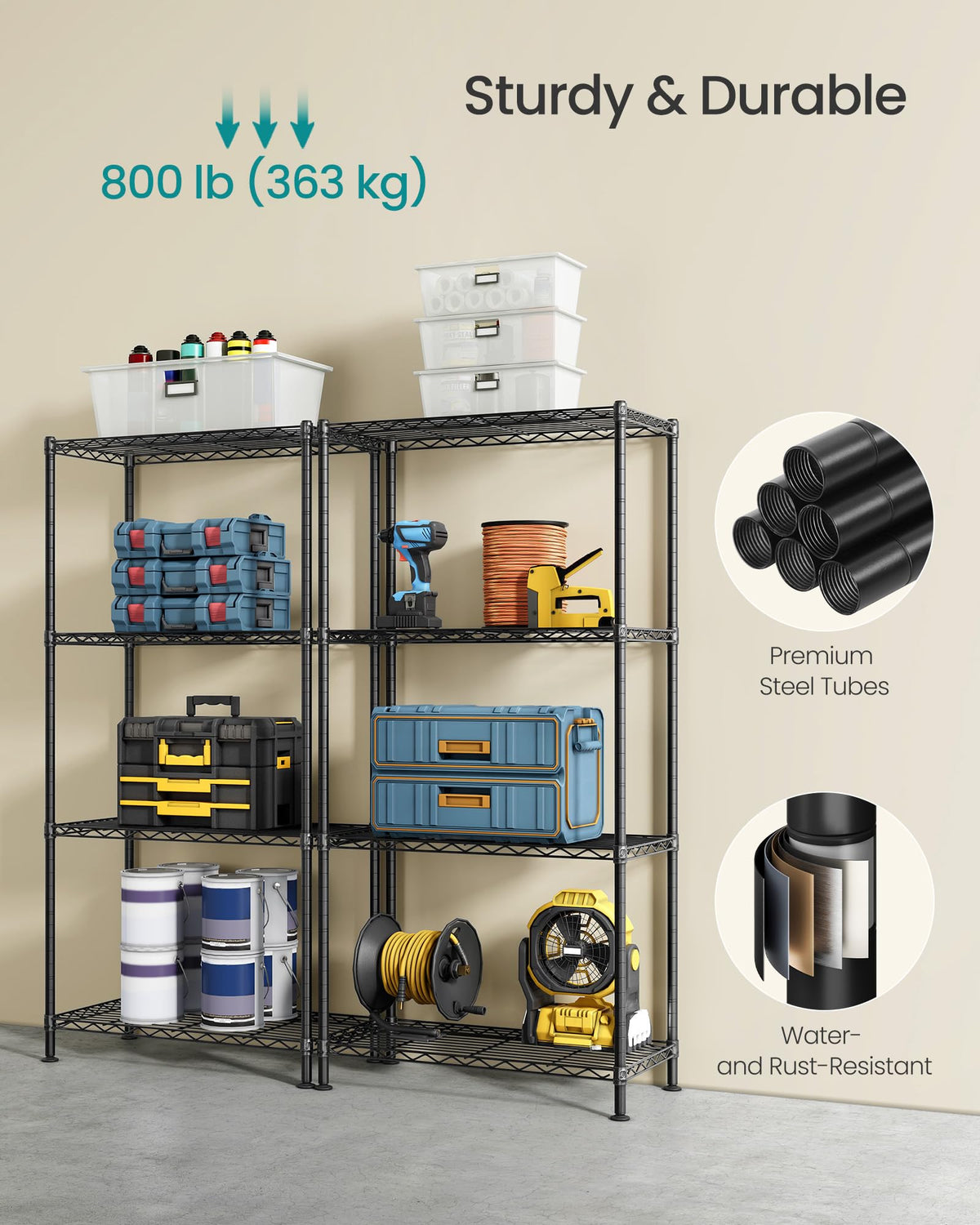 SONGMICS Storage Shelf, Metal Wire Shelving Unit, Adjustable Shelves, for Garage, Bedroom, Living