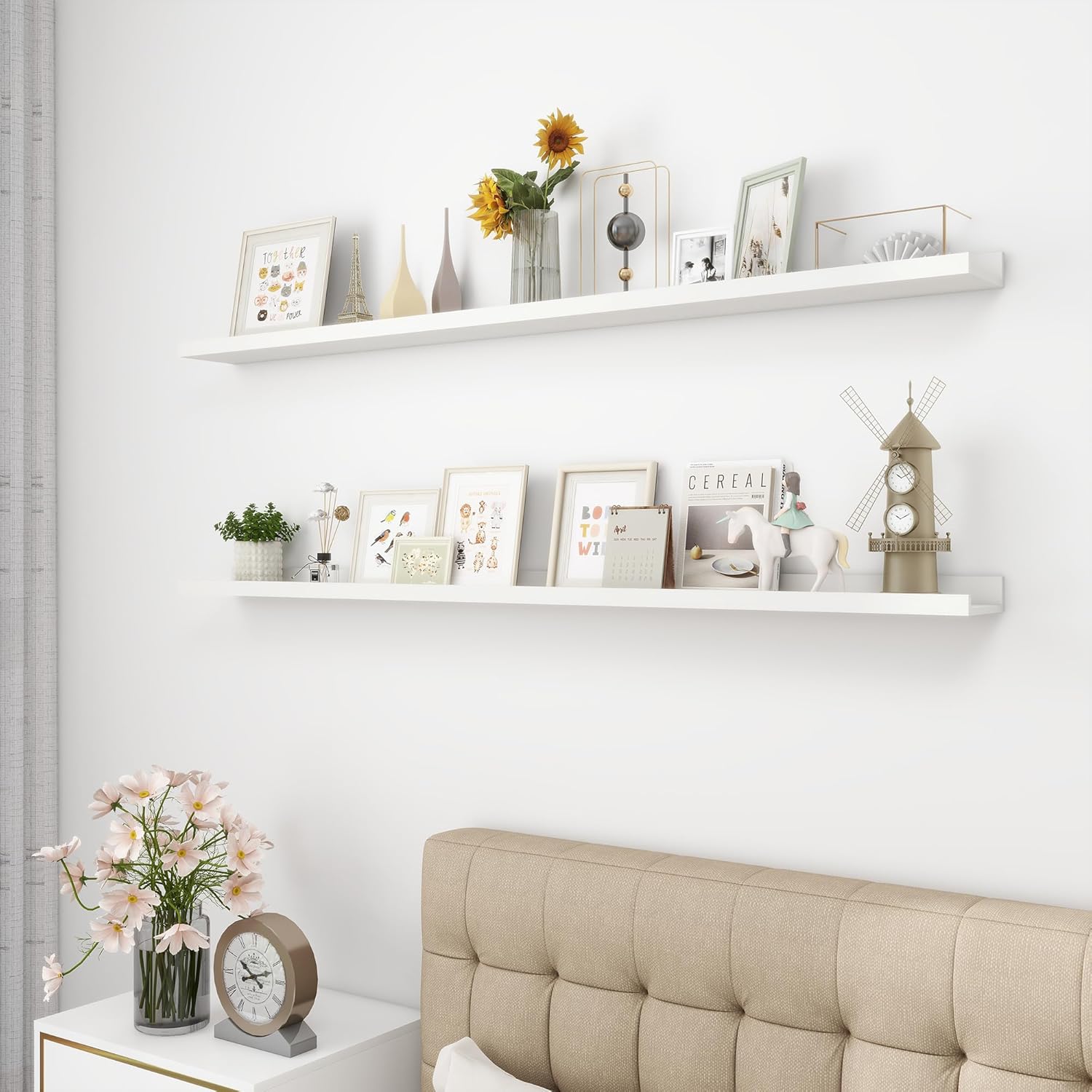 Picture Ledge Shelf, Wood Long Floating Shelves for Wall, Set of 2, 56 inch Picture Ledge Shelves