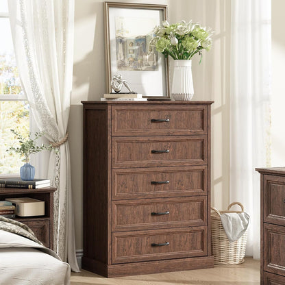 Farmhouse 5 Drawers Dresser for Bedroom, 44" Tall Brown dresser Wood Rustic Chest of Drawers with