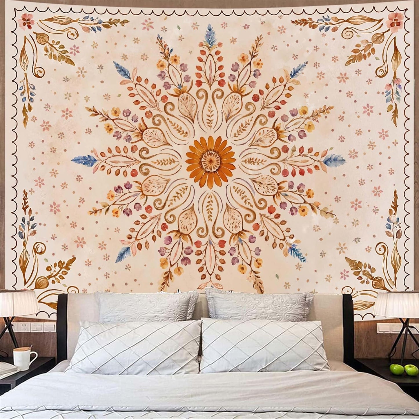Fowocu Boho Floral Mandala Tapestry for Bedroom Aesthetic Watercolor Bohemian Flower Wall Tapestry