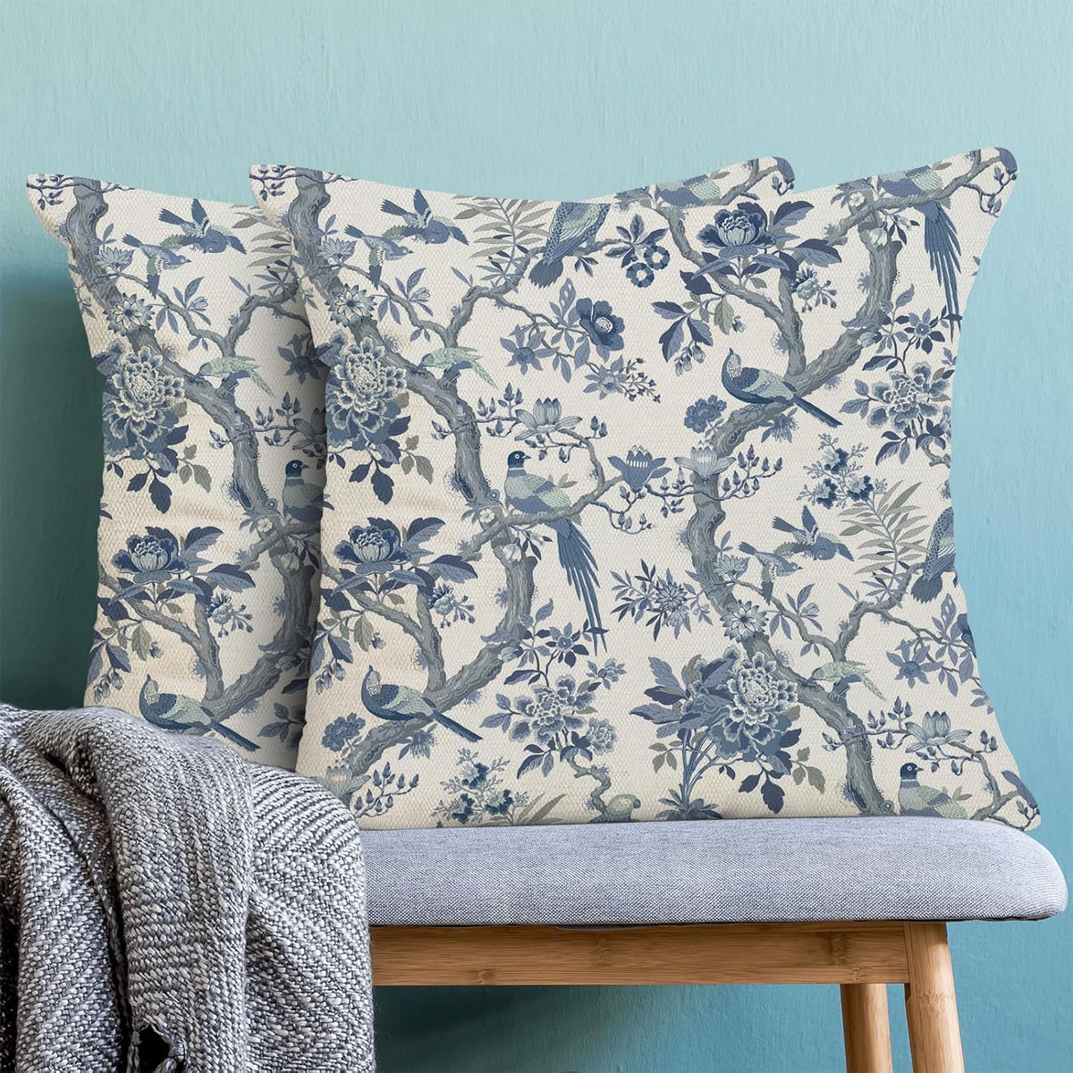 CXMEIFLY Spring Pillow Covers 18 x 18 Inch Set of 2 for Navy Blue Chinoiserie Flowers Bird Decor