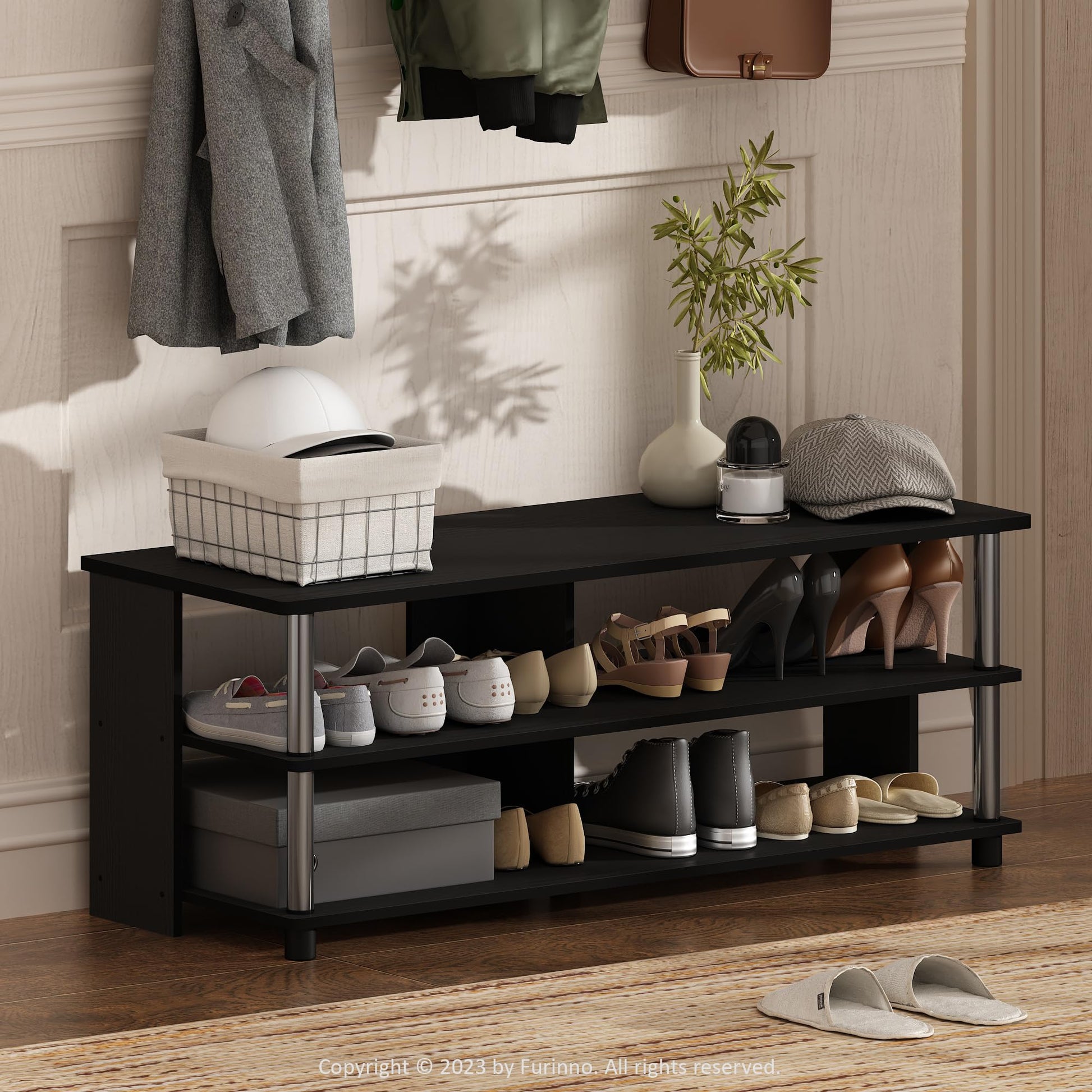 Furinno Turn-N-Tube Shoe Rack, 3-Tier Shoe Organizer, Compact Shoe Storage with Open Shelves and