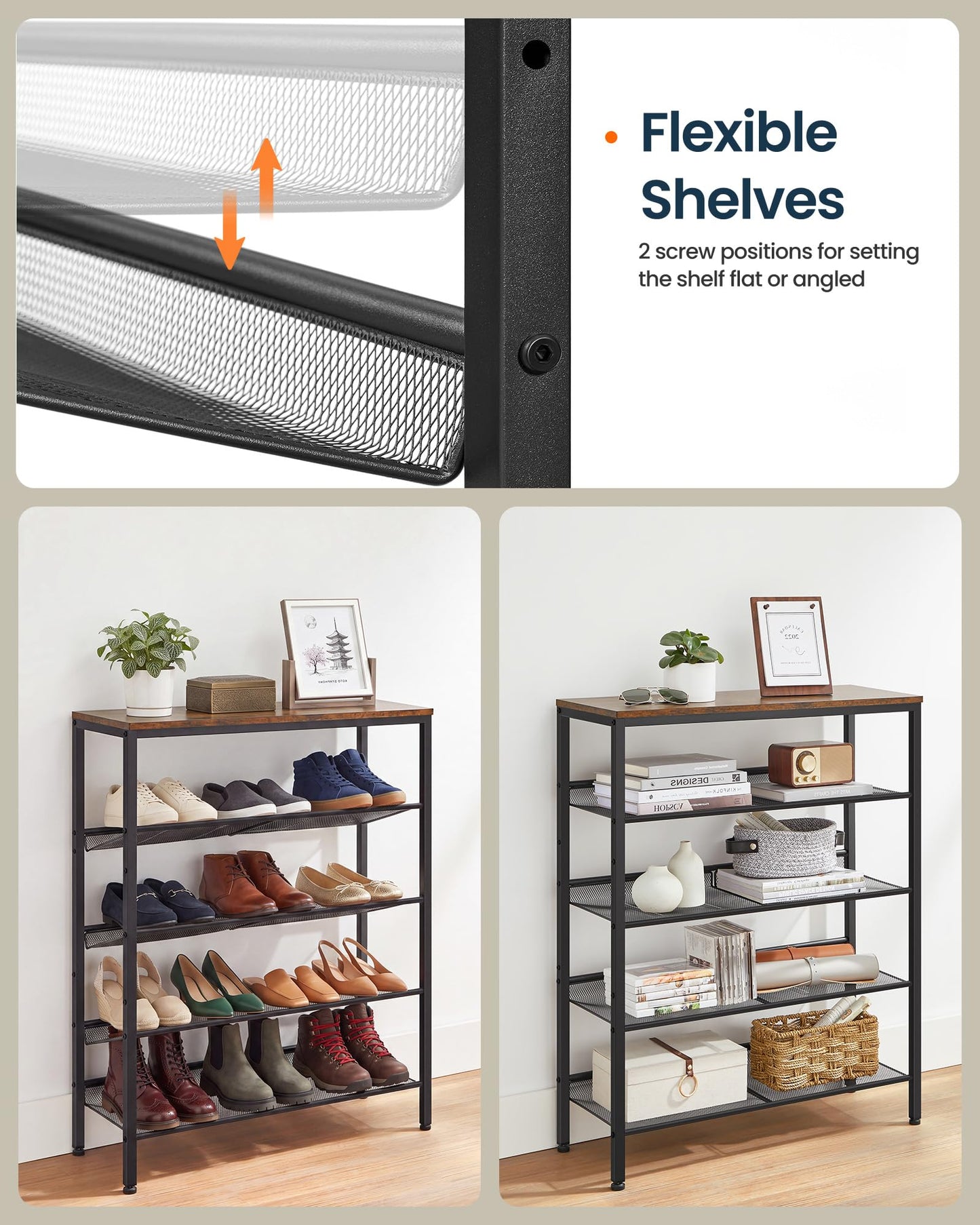 SONGMICS HOME 5 Tier Shoe Storage Organizer, Freestanding, Dense Mesh