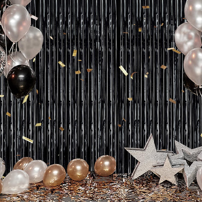3 Pack Foil Fringe Backdrop - Laser Black Shiny Tinsel Curtains for Party Decoration/Photo Booth