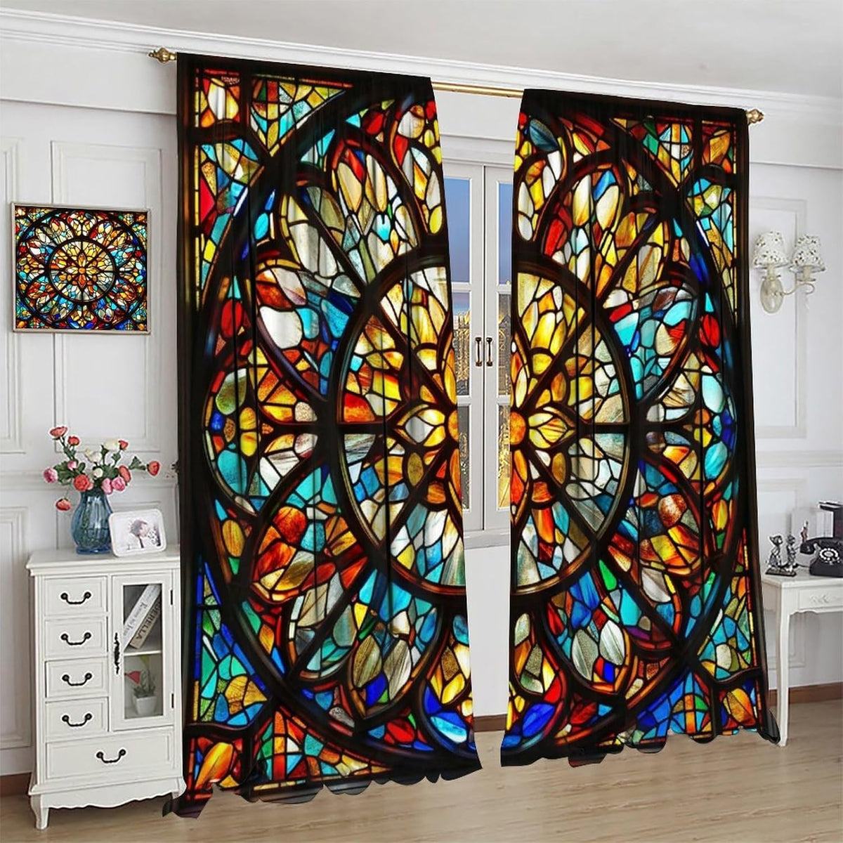 Stained Glass Curtains,Retro Mid Century Abstract Colorful Geometric Prints Home Decor Drapes for