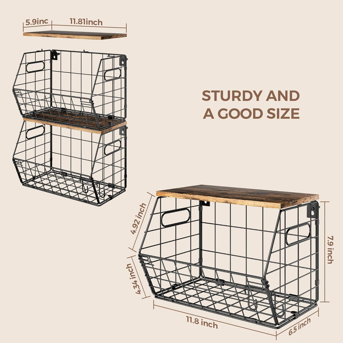 Delamu 2-Pack Stackable Metal Fruit Basket with Wood Lid-Wall Mounted & Countertop Organizer for
