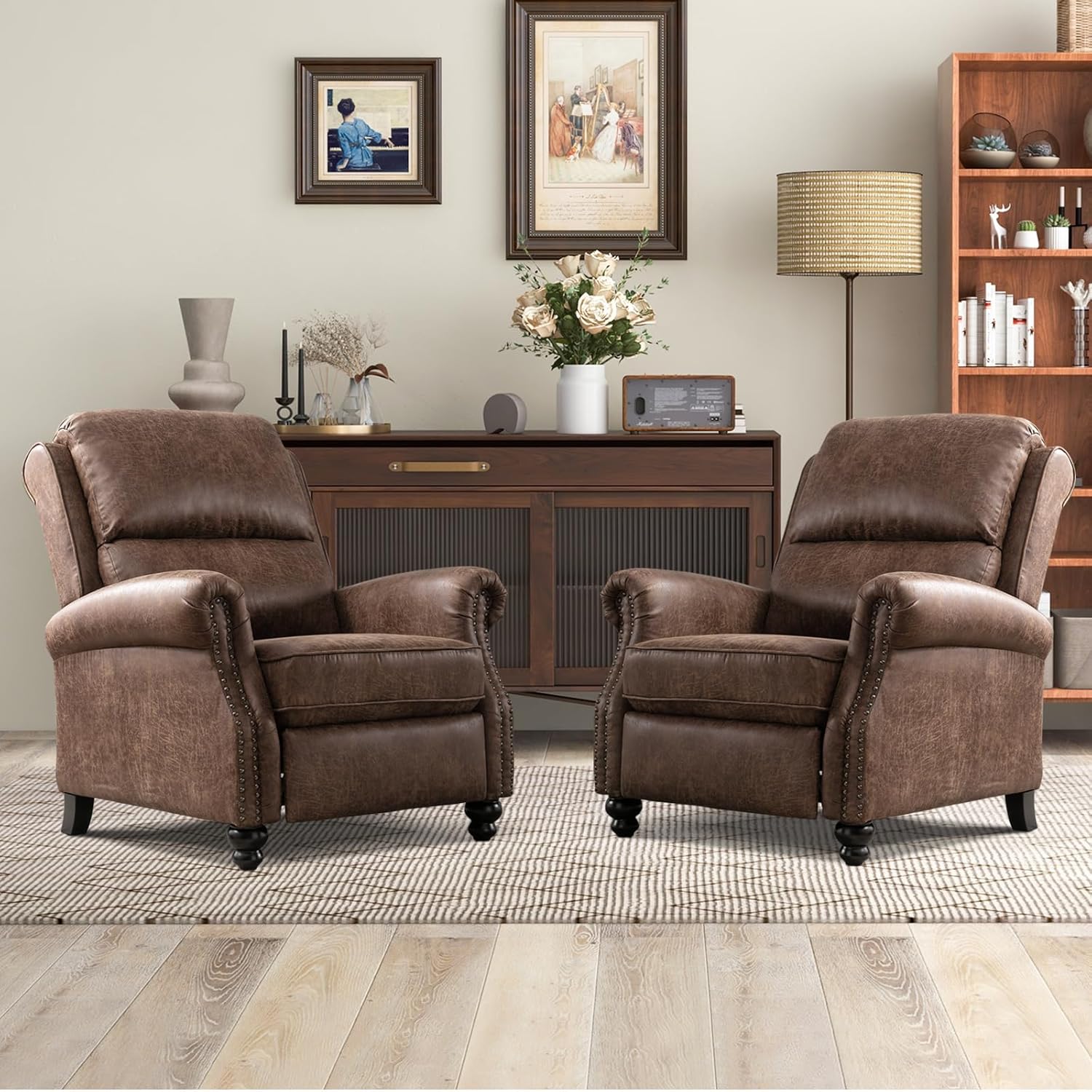 CANMOV Pushback Recliner Chair Set of 2, Faux Leather Armchair Push Back Recliner with Rivet