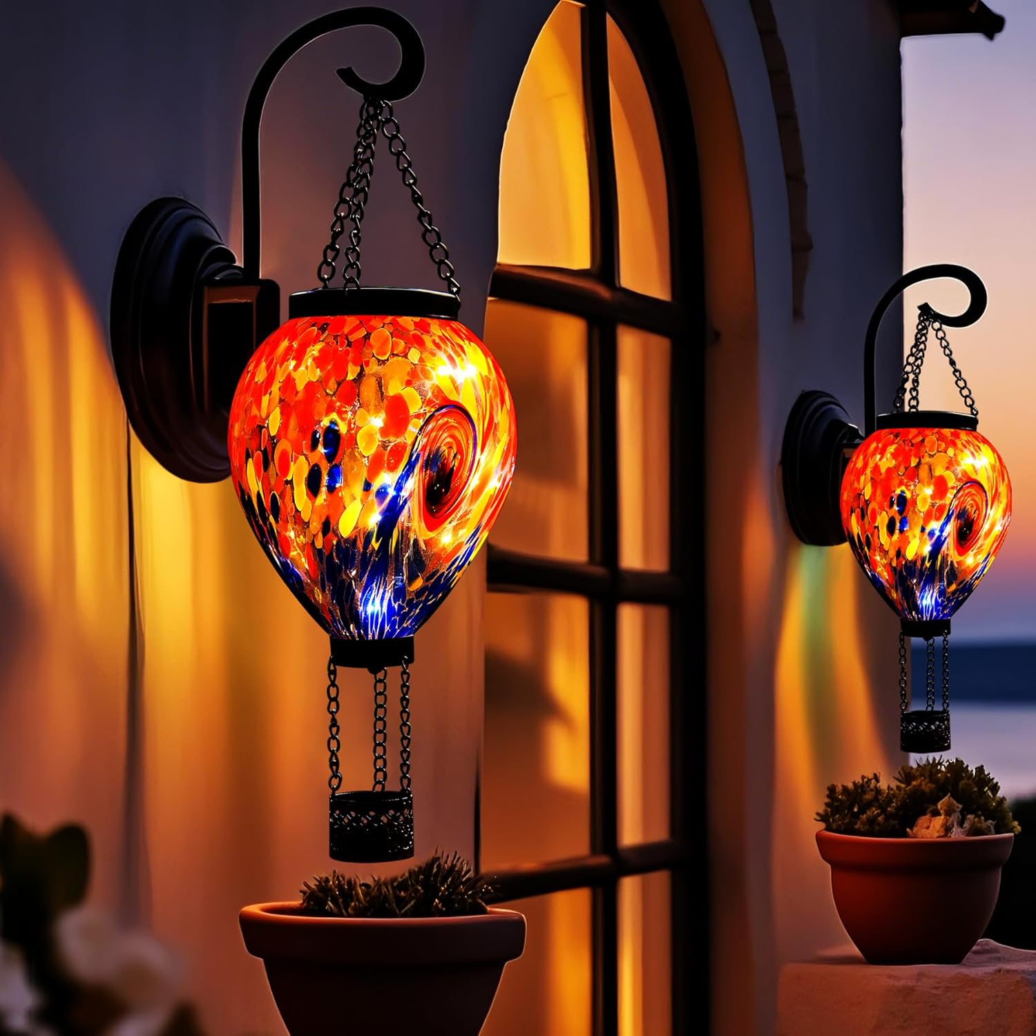 VOREEN Solar Hot Air Balloon Light – Hand Blown Colorful Glass Outdoor Hanging Lantern, Waterproof
