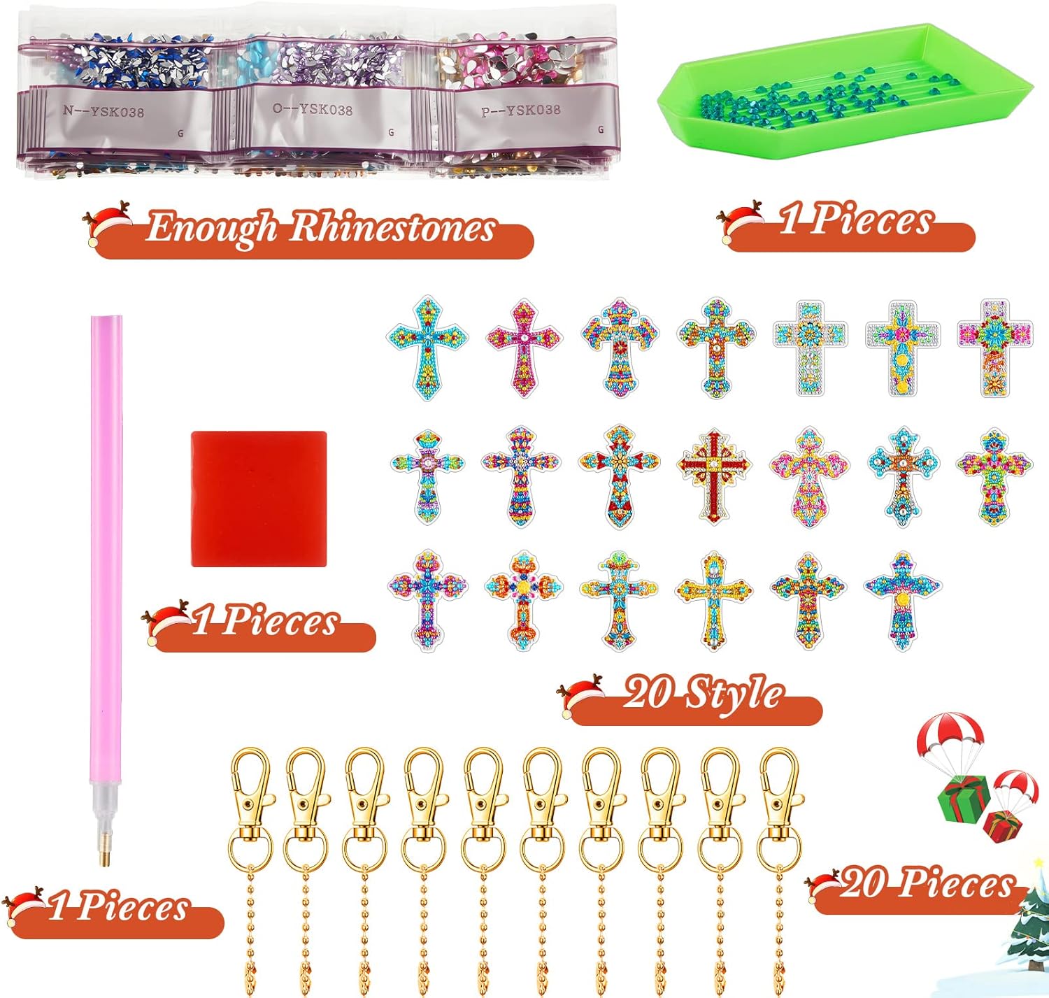 Henoyso 20 Pcs Diamond Art Painting Keychains Kits for Adults 5d Double Sided Cross Shaped Diamond