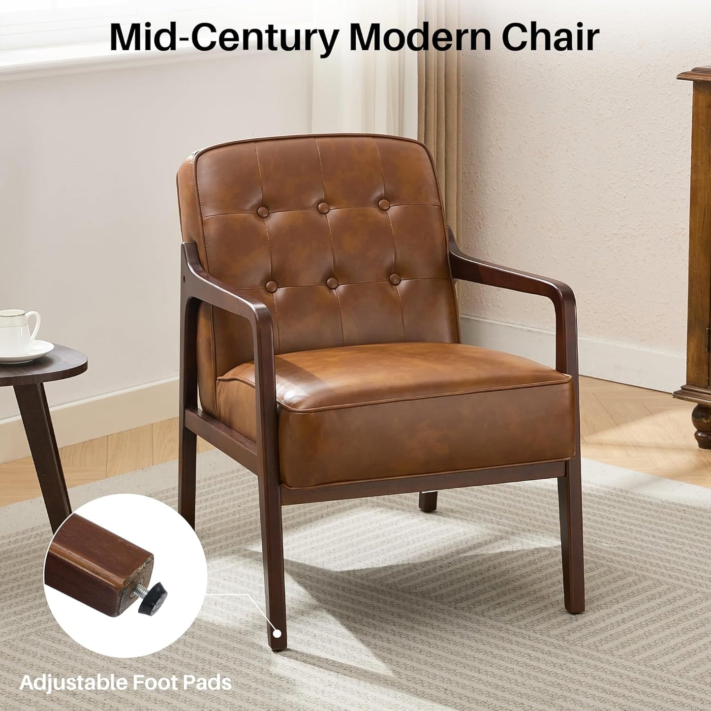 Faux Leather Accent Chair, Mid Century Modern Chair for Living Room, Upholstered Comfy Lounge