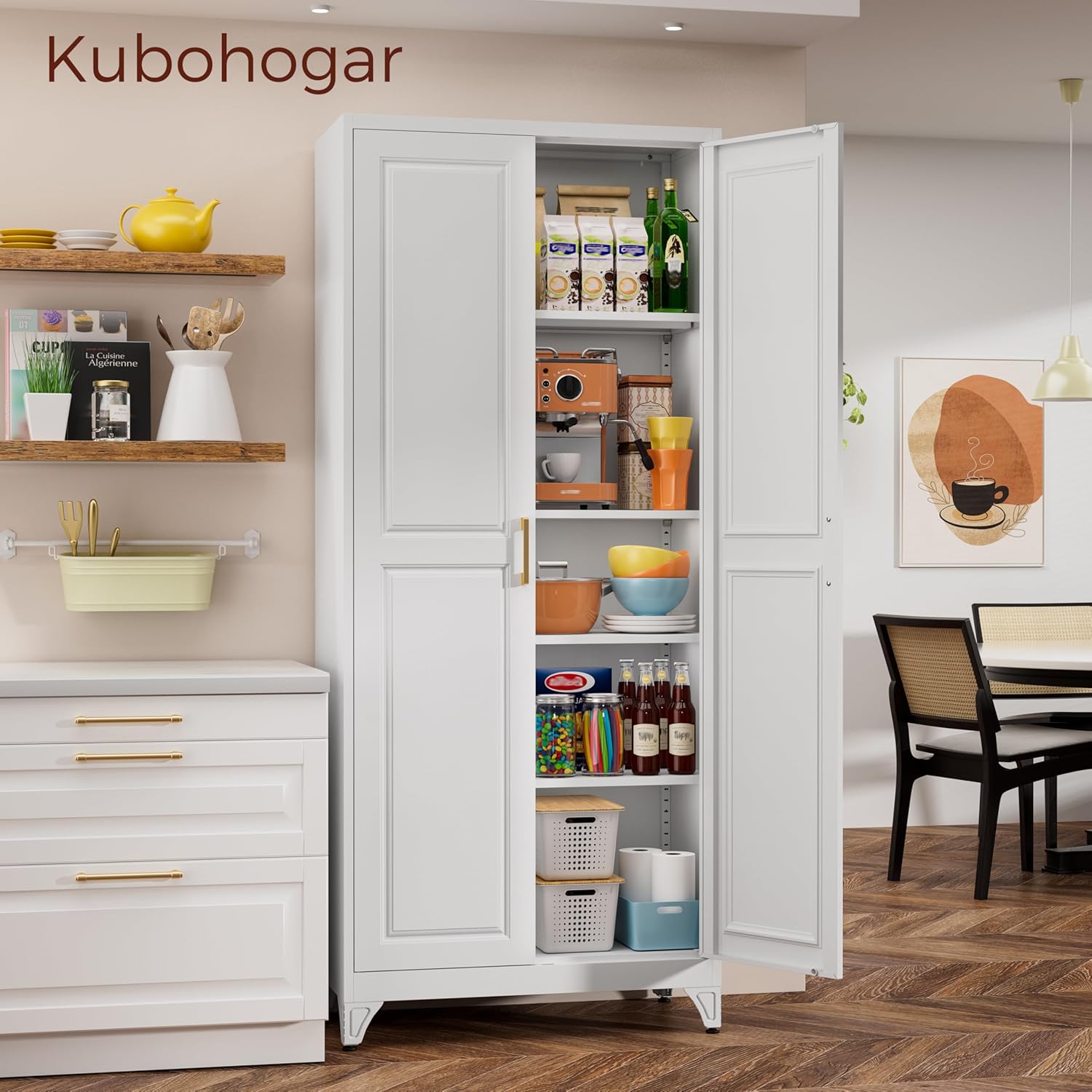 75" Kitchen Pantry Cabinet, White Metal Storage Cabinets with 2 Doors and 4 Adjustable Shelves