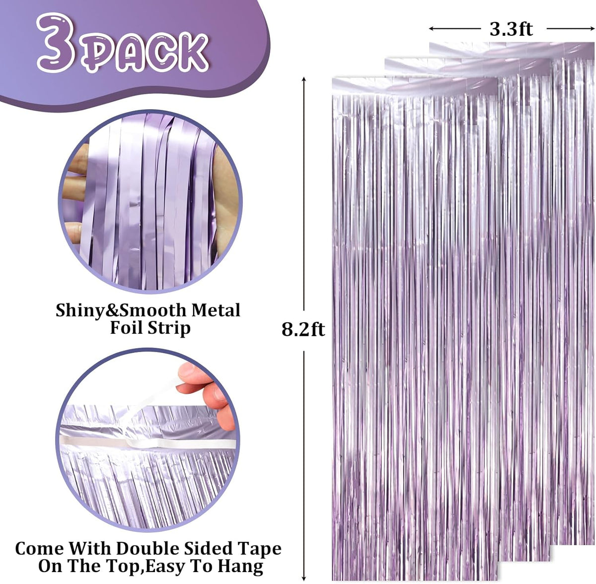 3 Pack 3.3 x 8.2 ft Light Purple Foil Fringe Backdrop Curtains, Tinsel Streamers Party Decorations