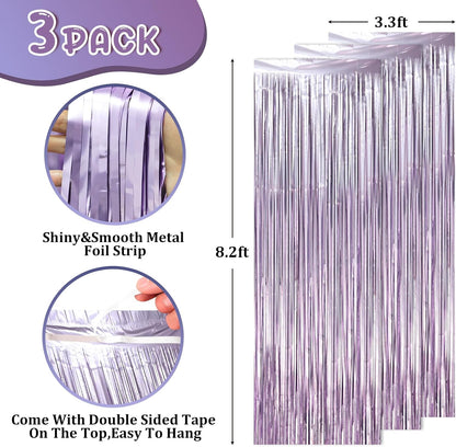 3 Pack 3.3 x 8.2 ft Light Purple Foil Fringe Backdrop Curtains, Tinsel Streamers Party Decorations