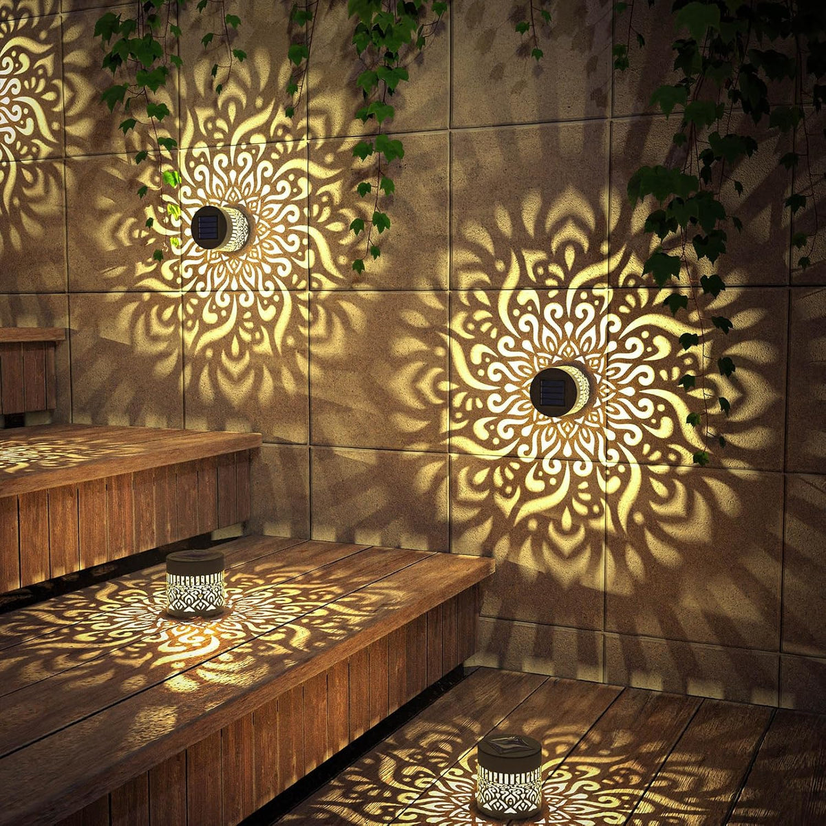 4 Pack Solar Fence Lights Metal Solar Powered Outdoor Wall Deck Step Lights Mandala Theme