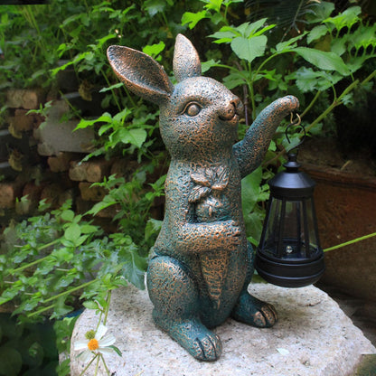 Solar Garden Statues -Rabbit Lantern Outdoor Handmade Resin Statue with LED Light, Cute Carrot