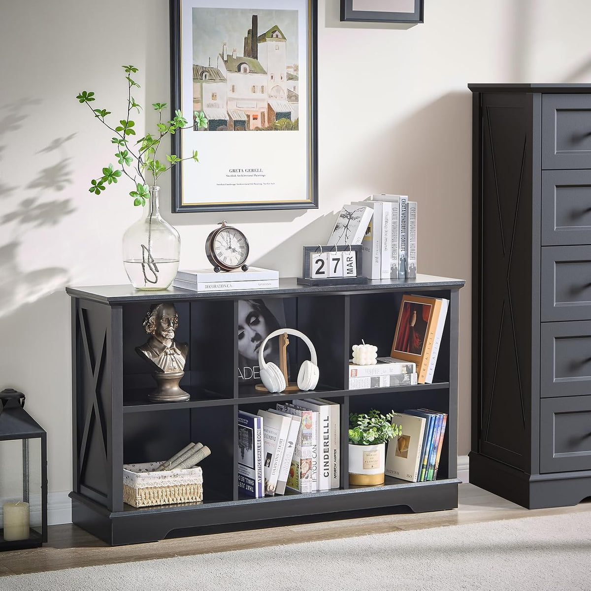 Farmhouse 6 Cube Bookshelf, Black Storage Organizer Bookcase, Kids Toy Storage Cabinet, Long