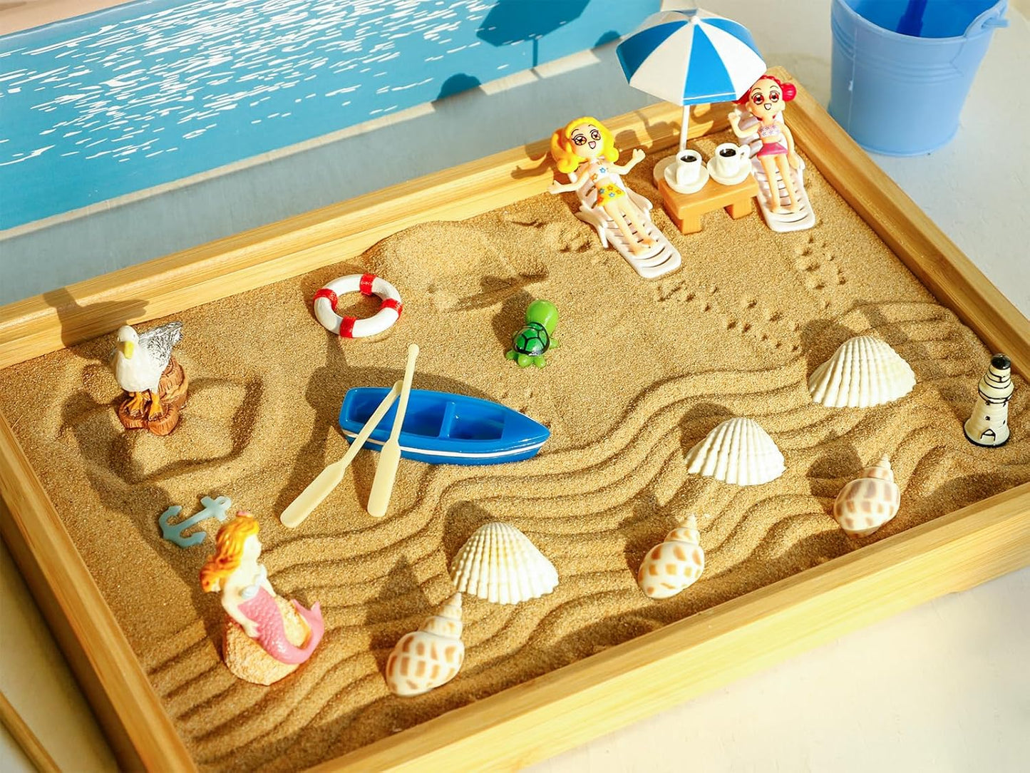 Desktop Miniature Beach Zen Garden - Mini Home Office Tabletop Sandbox Bamboo Rakes Stamps Tray