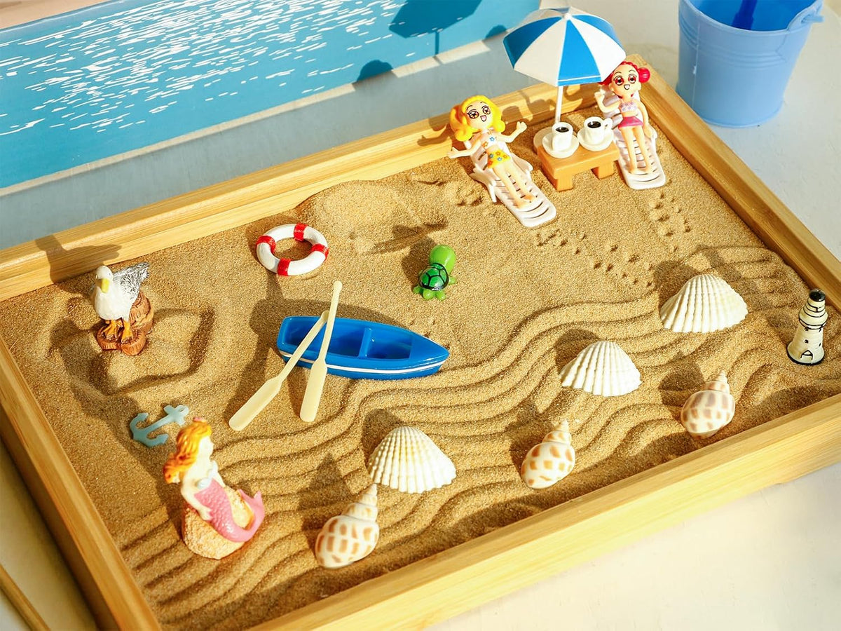Desktop Miniature Beach Zen Garden - Mini Home Office Tabletop Sandbox Bamboo Rakes Stamps Tray