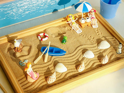 Desktop Miniature Beach Zen Garden - Mini Home Office Tabletop Sandbox Bamboo Rakes Stamps Tray