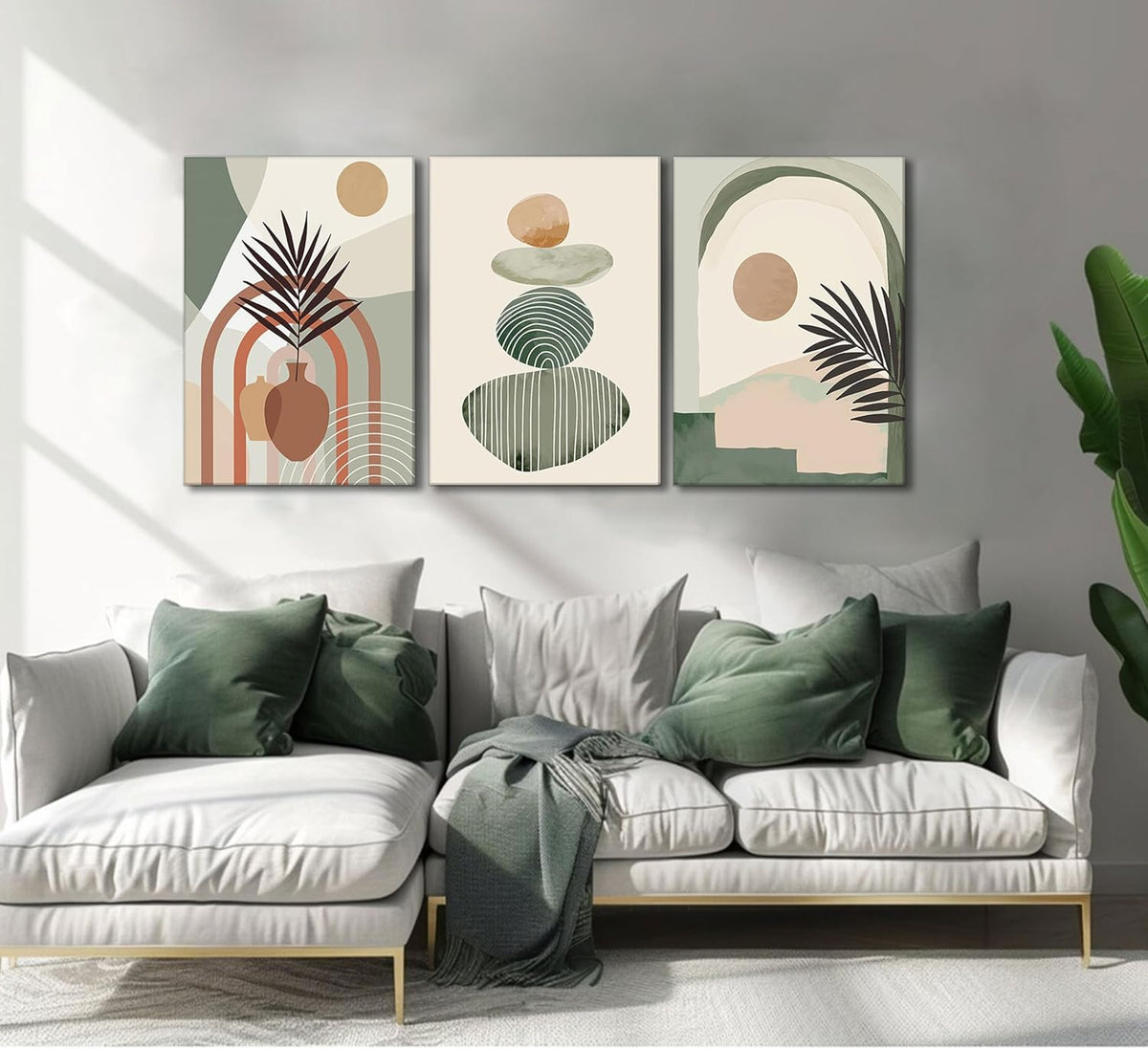 3 Pcs Mid Century Modern Boho Abstract Canvas Wall Art Neutral Green Bohemia Sun and Plant Pictures