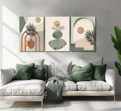 3 Pcs Mid Century Modern Boho Abstract Canvas Wall Art Neutral Green Bohemia Sun and Plant Pictures