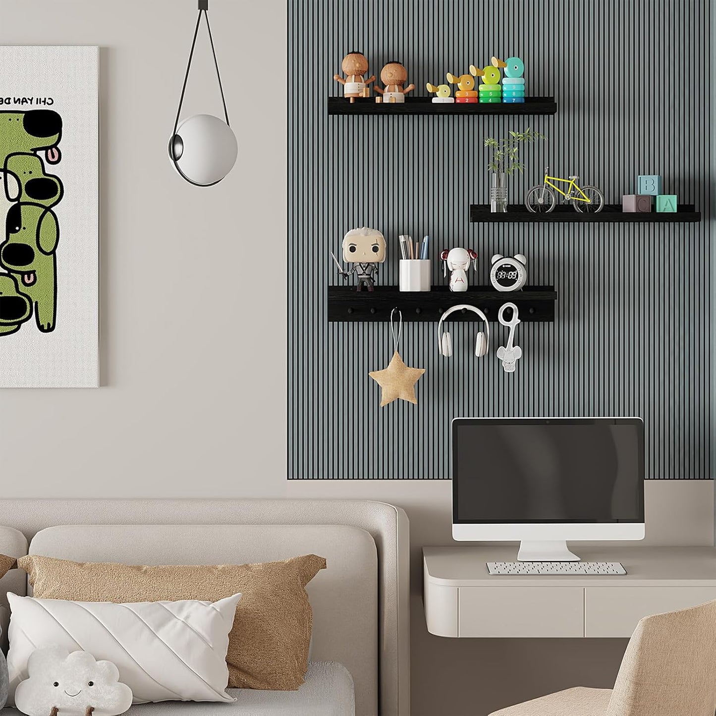 MBYD Black Picture Ledge Shelf with Hooks, 24 Inch Floating Book Shelves Kids Room, Wall Mounted