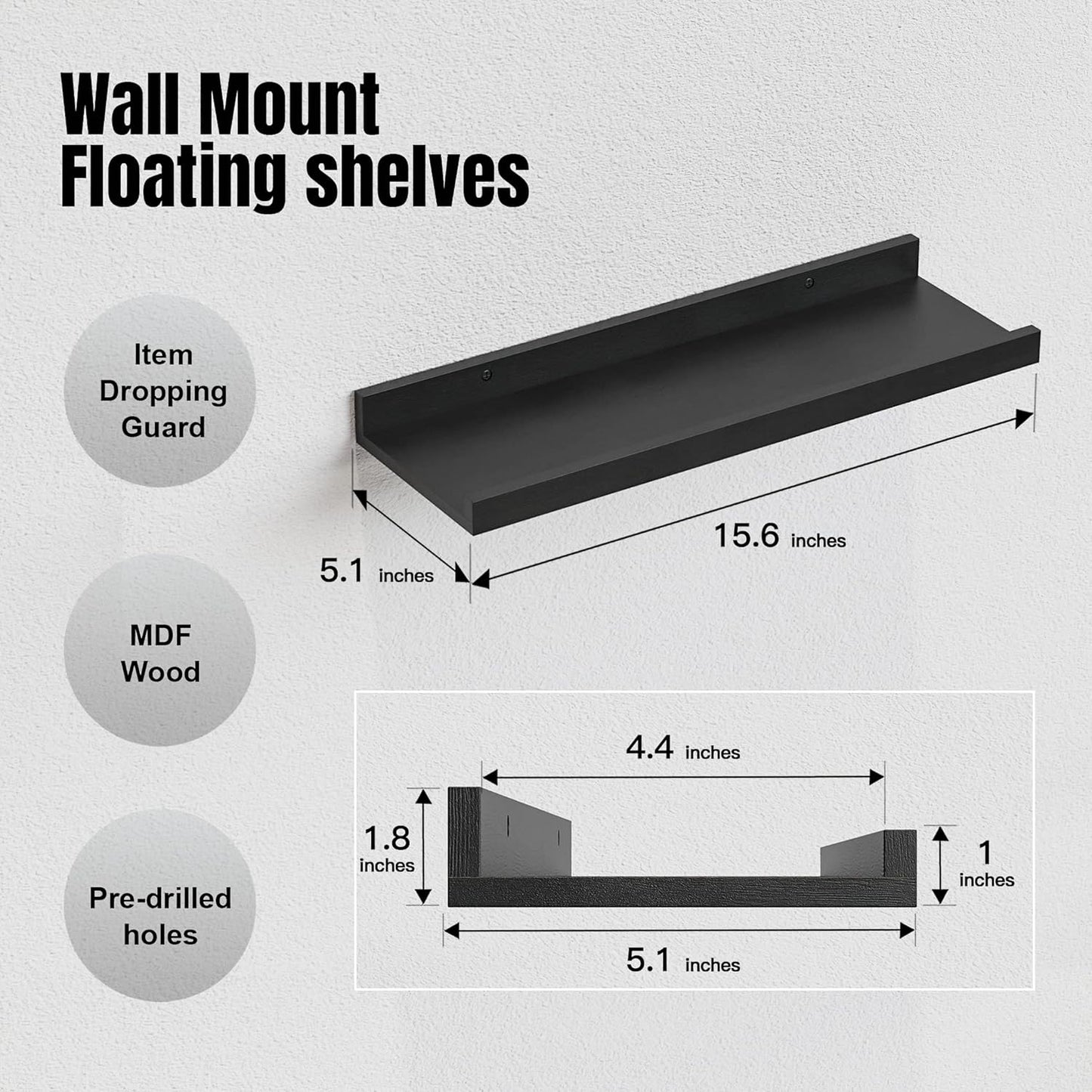 RICHER HOUSE 5 Set Floating Wall Mounted Shelves, Black Shelves for Wall Decor, Modern Picture