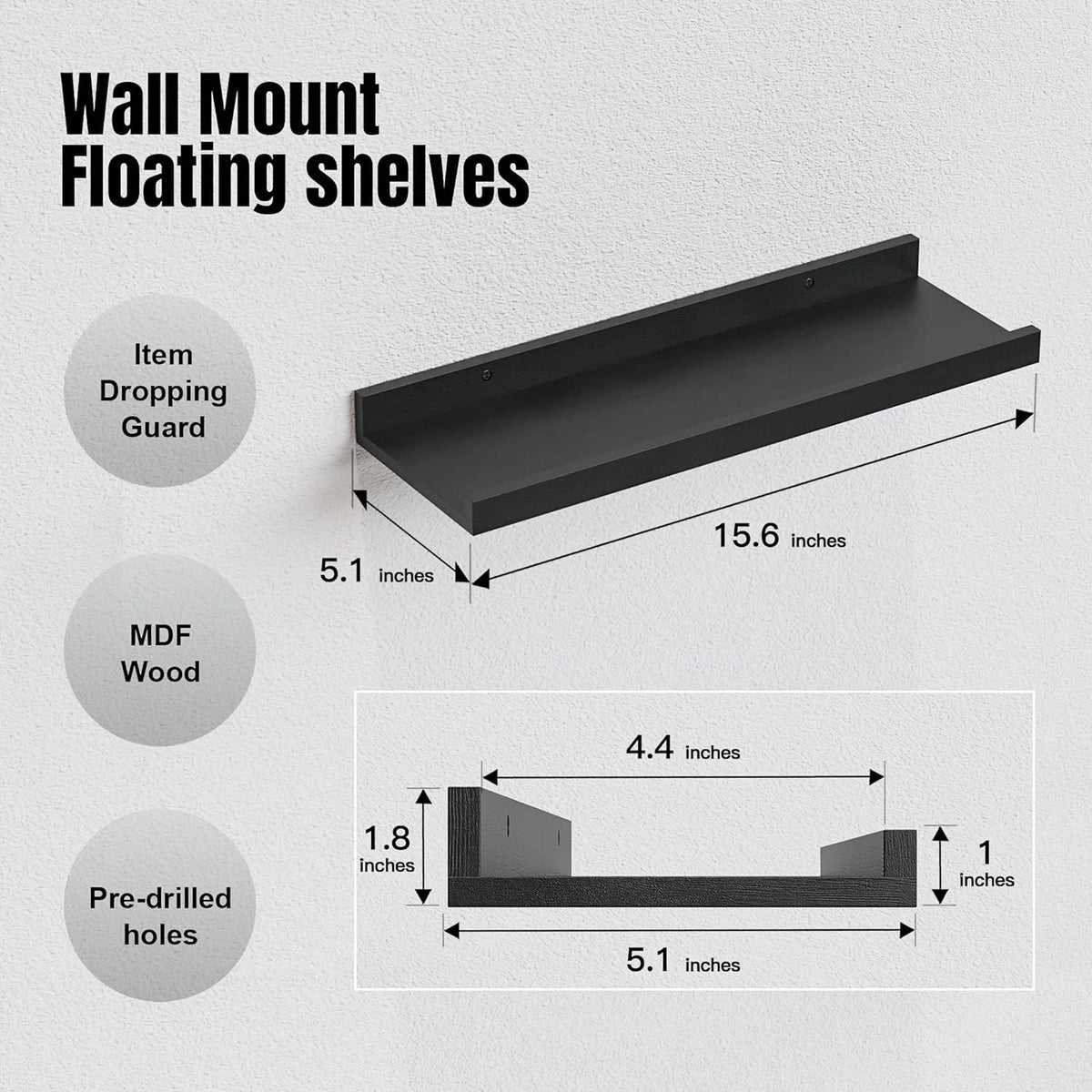 RICHER HOUSE Floating Wall Mounted Shelves, 8pc Set with Lip - Black Nursery Book Shelves for