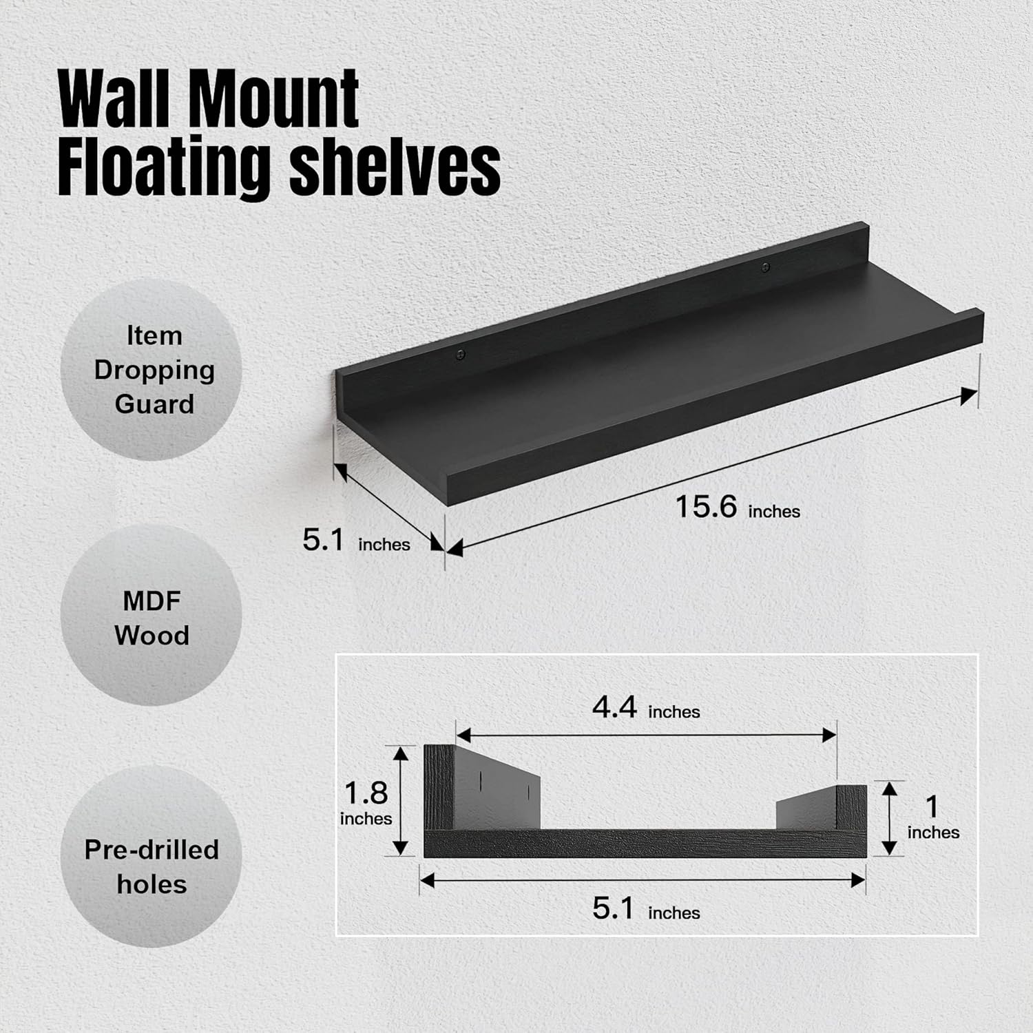 RICHER HOUSE Floating Wall Mounted Shelves, 8pc Set with Lip - Black Nursery Book Shelves for