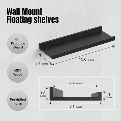 RICHER HOUSE Floating Wall Mounted Shelves, 8pc Set with Lip - Black Nursery Book Shelves for