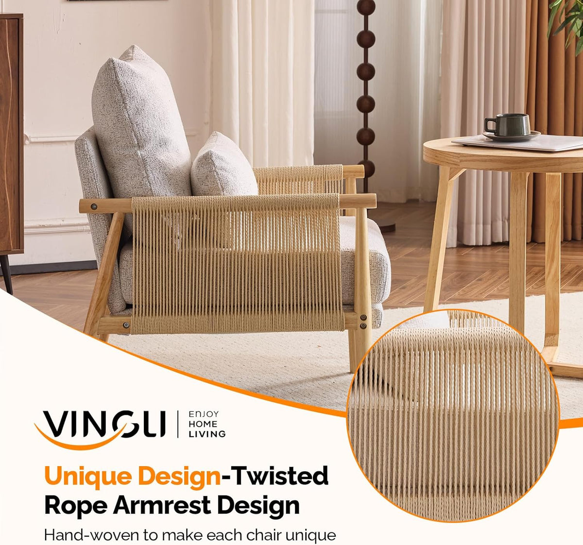 VINGLI Boho Braid Accent Armchairs Set of 2,Mid-Century Modern Chiars with Solid Wooden