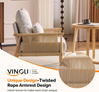 VINGLI Boho Braid Accent Armchairs Set of 2,Mid-Century Modern Chiars with Solid Wooden