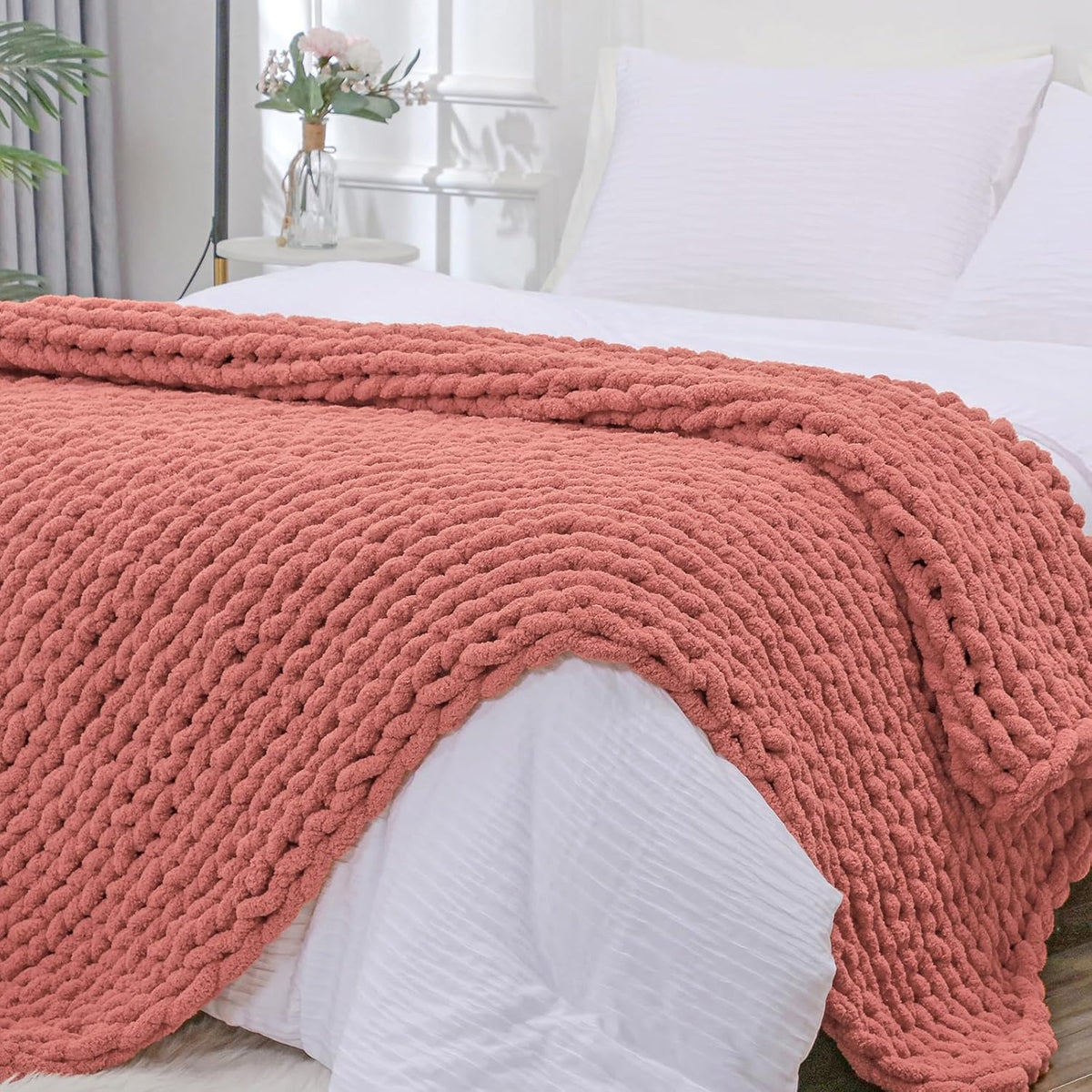 Bigacogo Chunky Knit Throw Blanket for Couch, 40x80 inches, 100% Hand Knitted with Thick Jumbo