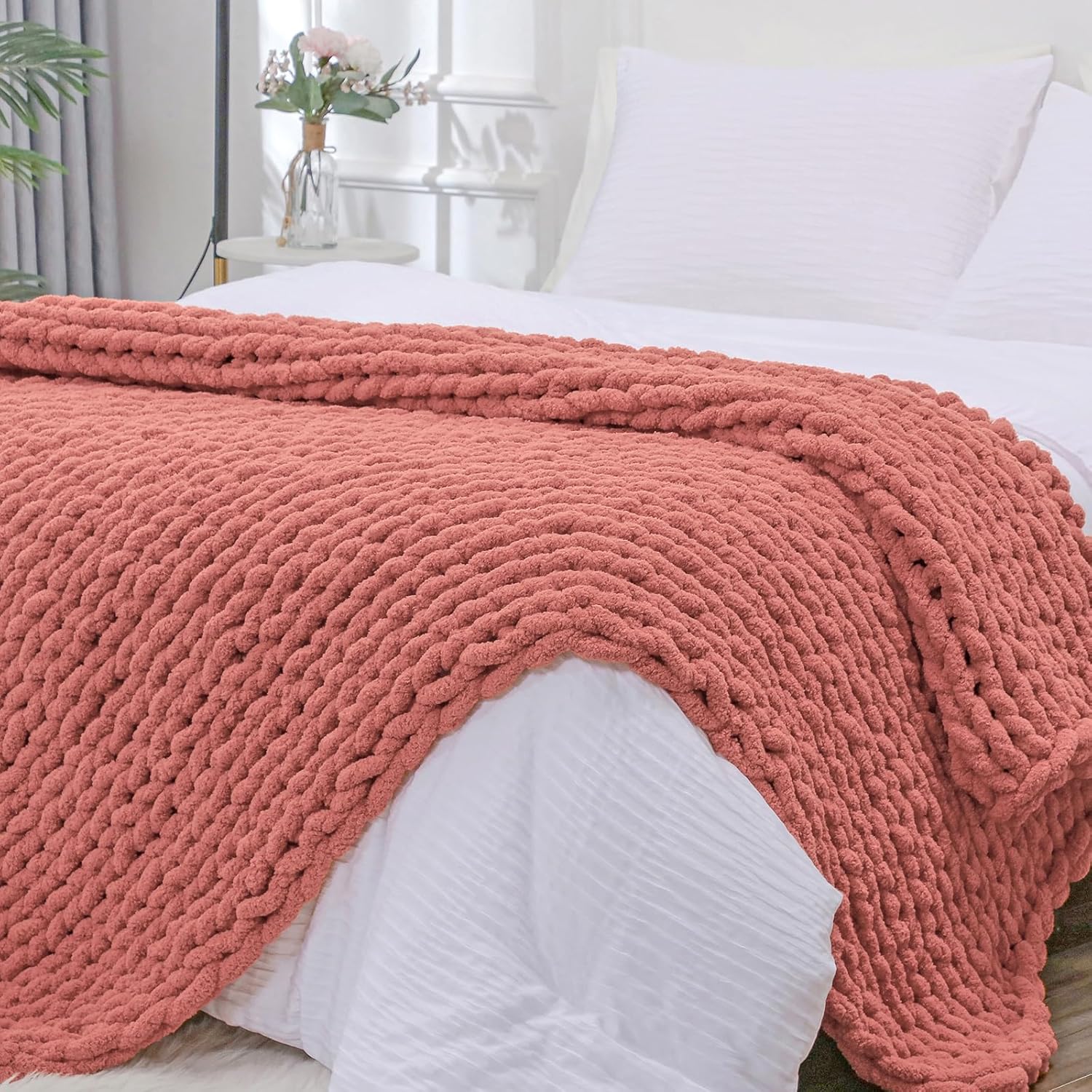 Bigacogo Chunky Knit Throw Blanket for Couch, 51x63 inches, 100% Hand Knitted with Thick Jumbo