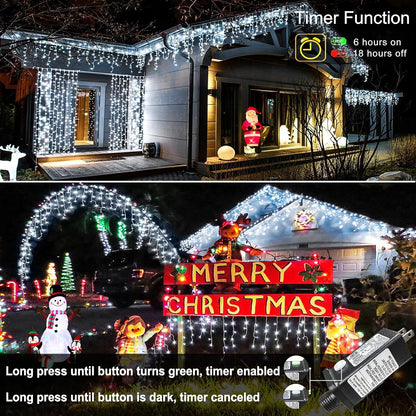 99ft 1216LED Icicle Lights for Outside, White Christmas Lights for House Patio Yard Porch Backyard