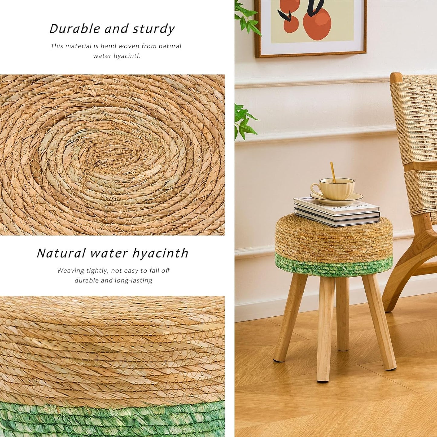 Handwoven Outdoor Ottoman, Water Hyacinth Pouf Round Patio Footstool with Wood Legs, 17-Inch