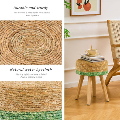 Handwoven Outdoor Ottoman, Water Hyacinth Pouf Round Patio Footstool with Wood Legs, 17-Inch