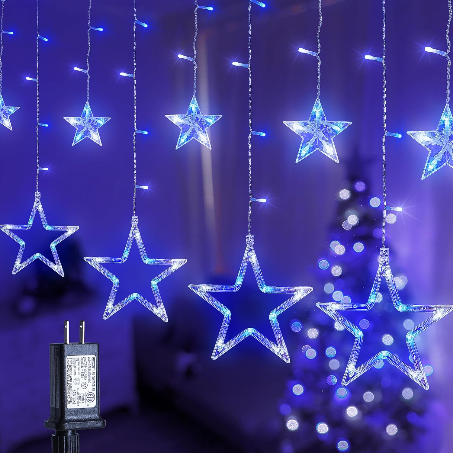 126L Blue White Christmas Star Icicle Lights, 8.2FT Clear Curtain Fairy String with Connectable