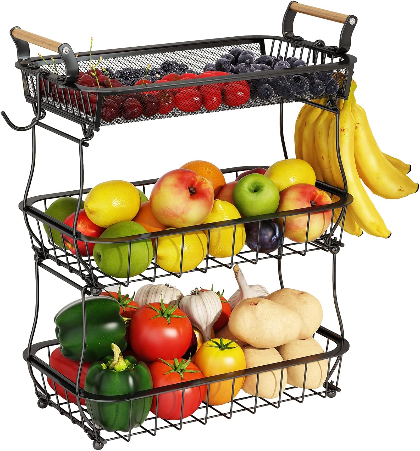 ANTOPY 3 Tier Fruit Basket with 2 Banana Hangers, Countertop Fruit Vegetable Basket Bowl for