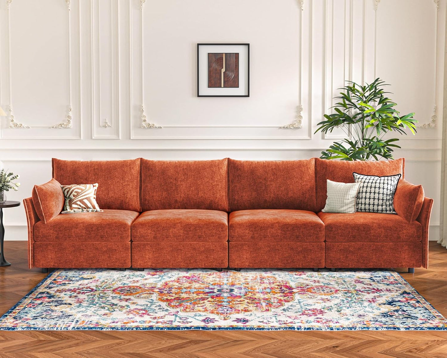 134.6" Modular Sectional Sofa, Oversized 4 Seater Terracotta Orange Couch with Removable Chenille