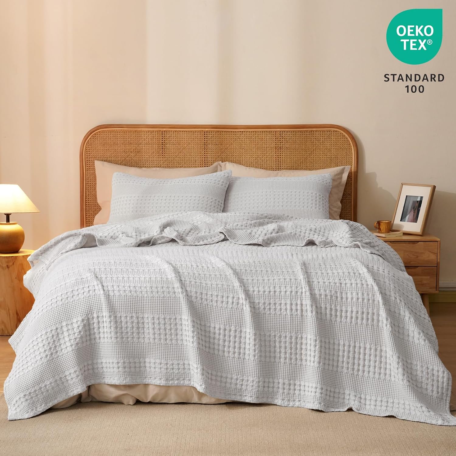 PHF 100% Cotton Waffle Weave Blanket Queen Size, Soft Lightweight Breathable Cozy Summer Blankets
