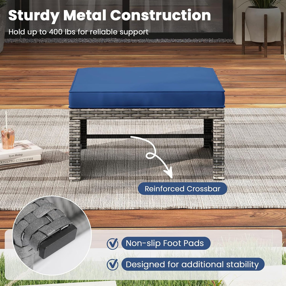 Tangkula 2 Pieces Patio PE Rattan Ottomans, Multipurpose Outdoor Footstool Footrest Additional