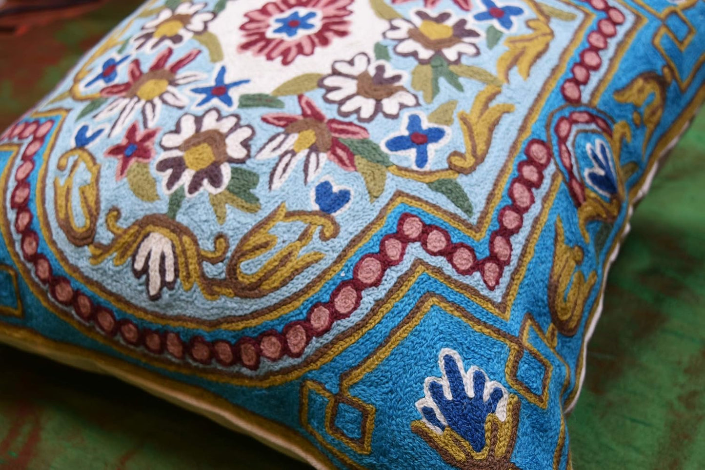 Turquoise Floral Pillow Cover Traditional Blue Flower Pillowcase Traditional Outdoor Cushion Suzani