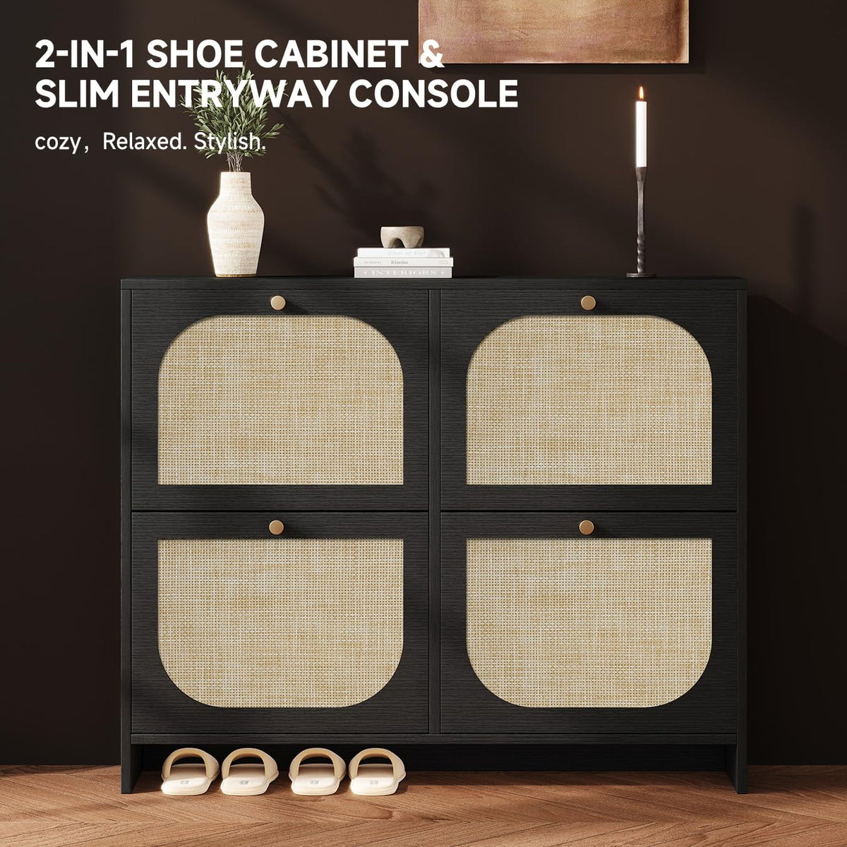 Shoe Cabinet for Entryway with 4 Flip Drawers, 9.5" Slim Wooden Shoe Storage Cabinet Fits Size 12+