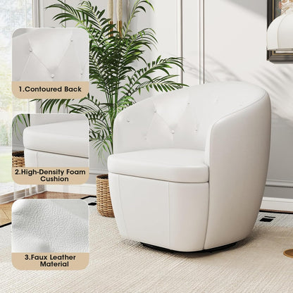 360° Swivel Leather Accent Chair, Modern Barrel Club Chair with Leather Upholstery and Sturdy Base