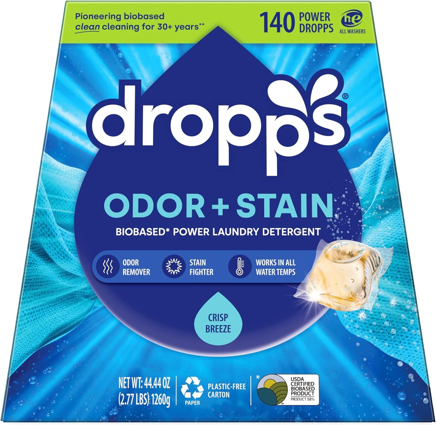 Dropps Odor & Stain Biobased Power Laundry Detergent Pods, Crisp Breeze (140 Pods) - HE Compatible