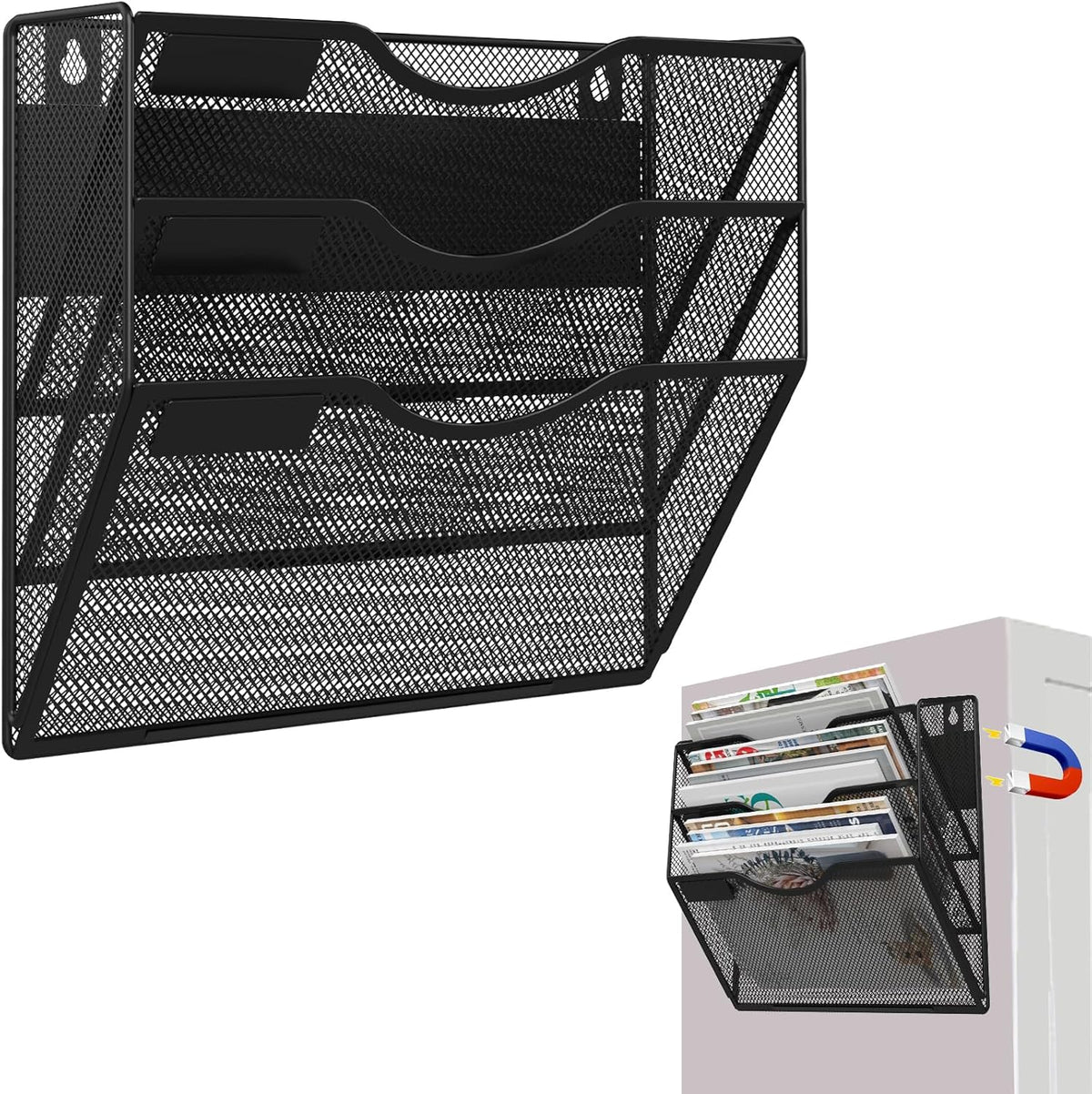 3-Tier Magnetic File Holder, No Drilling Installation File Cabinet Organizer, Black Magnetic File